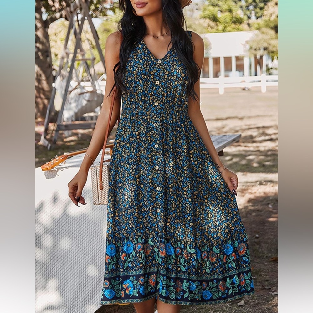 Floral Sleeveless Midi Dress - Black and Orange